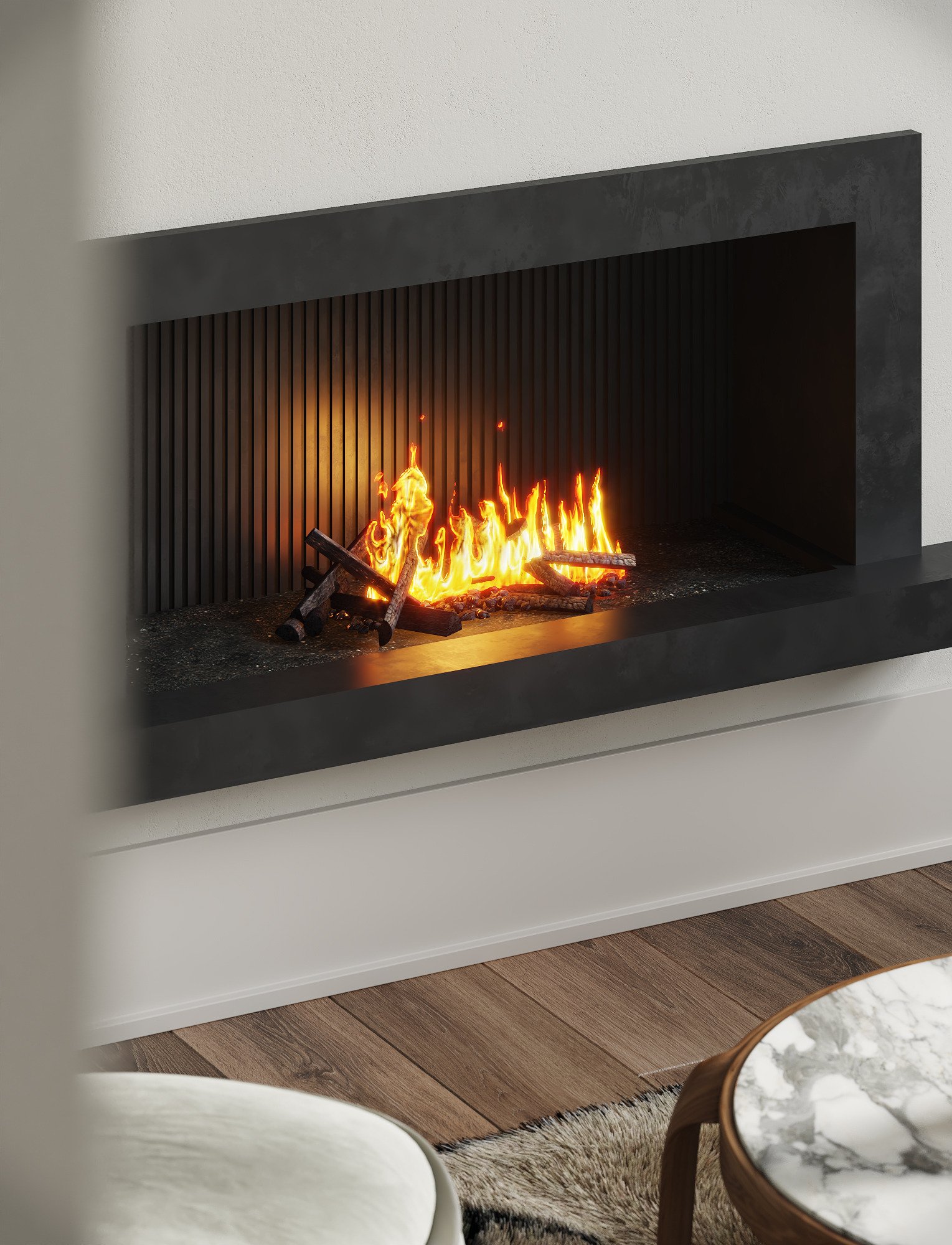 Close-up of a lit fireplace above a marble side table