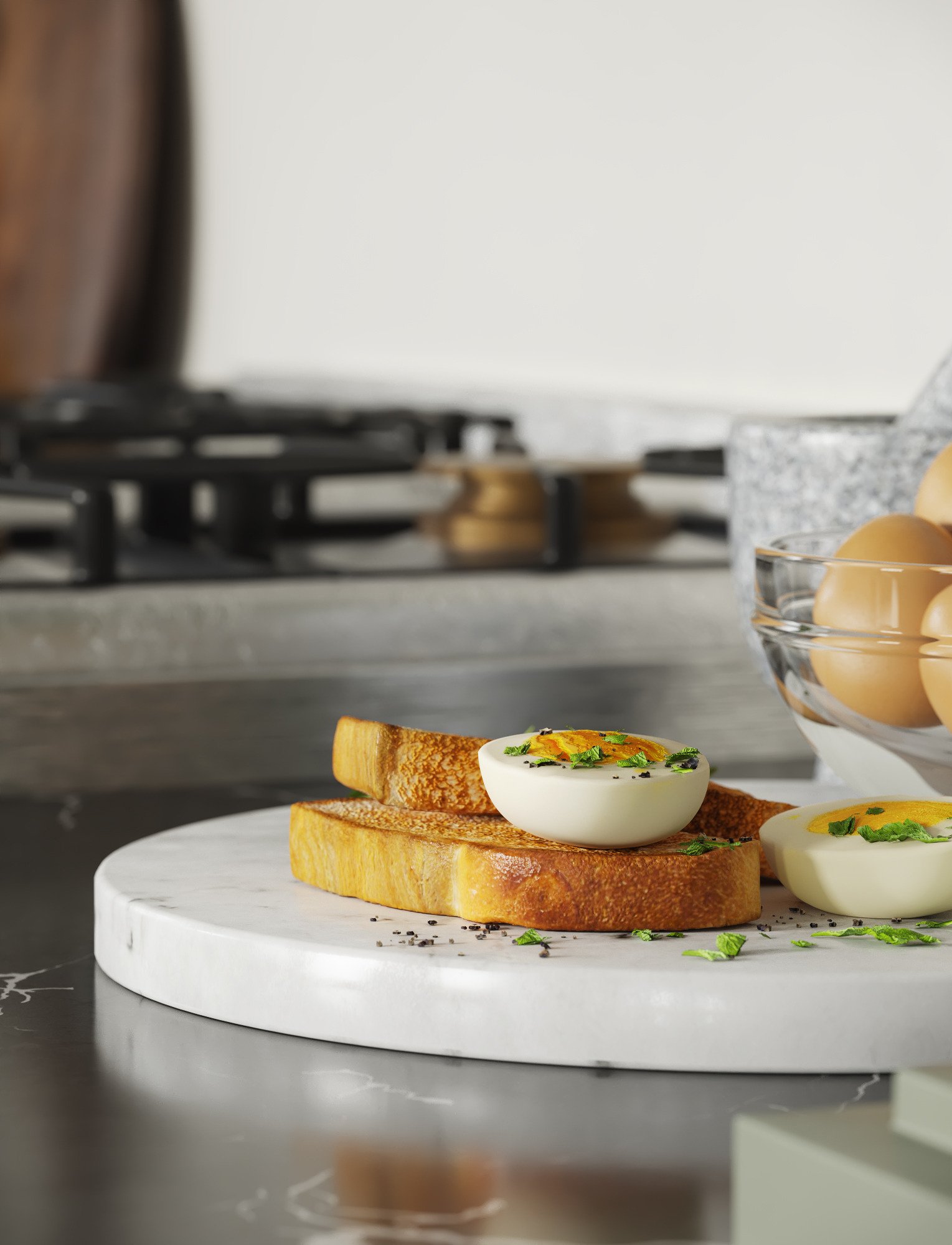 Toast with soft eggs on a marble board