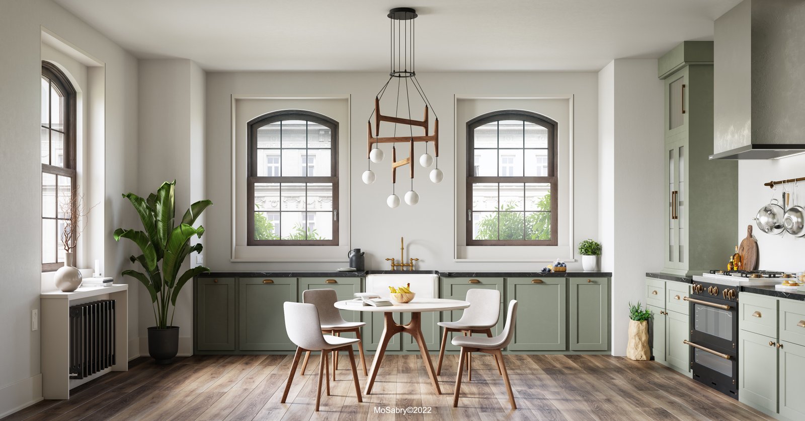 Kitchen and dining area with sage green cabinets and arched windows