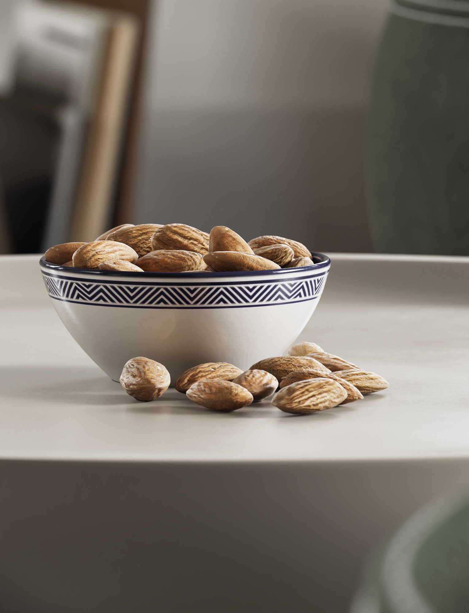 Bowl of almonds on a white table
