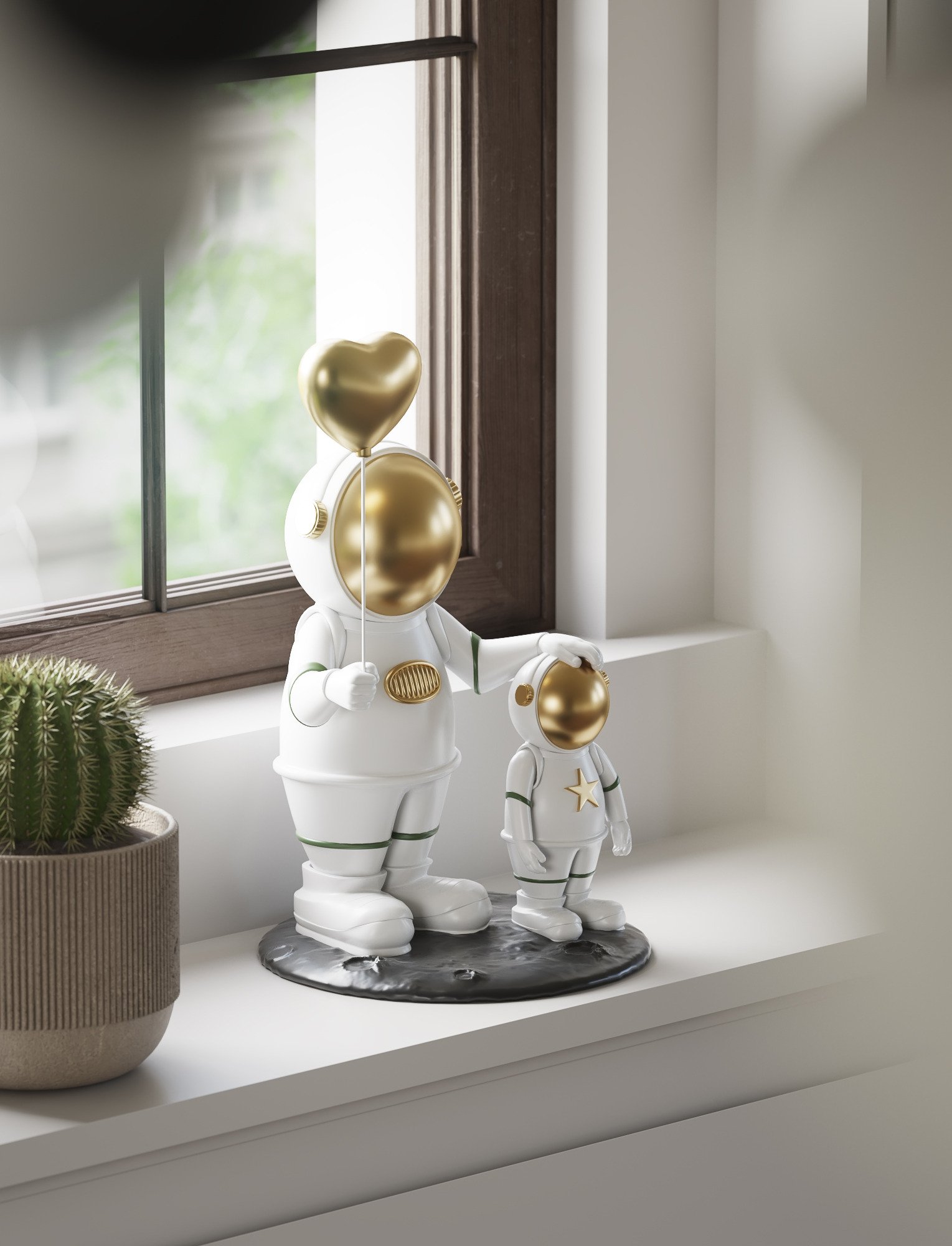 Astronaut figurines on a sunlit window sill